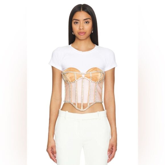 CAMILA COELHO South Beach Corset Tan Bustier Sheer Rhinestone M - Picture 2 of 6
